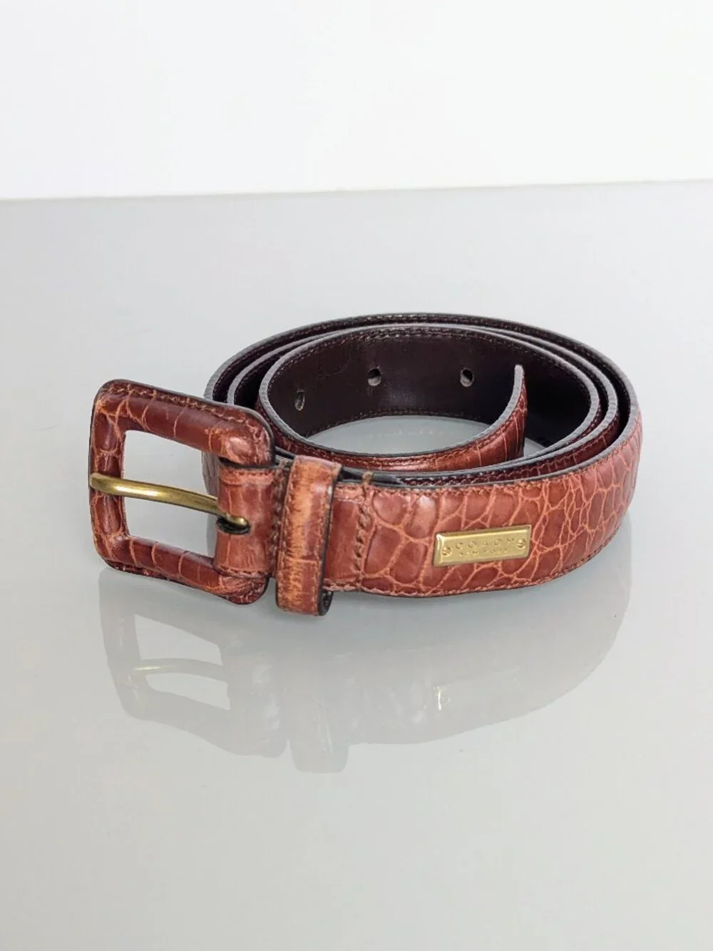 Coach Vintage Brown Crocodile Embossed Leather Belt Leather Buckle Medium